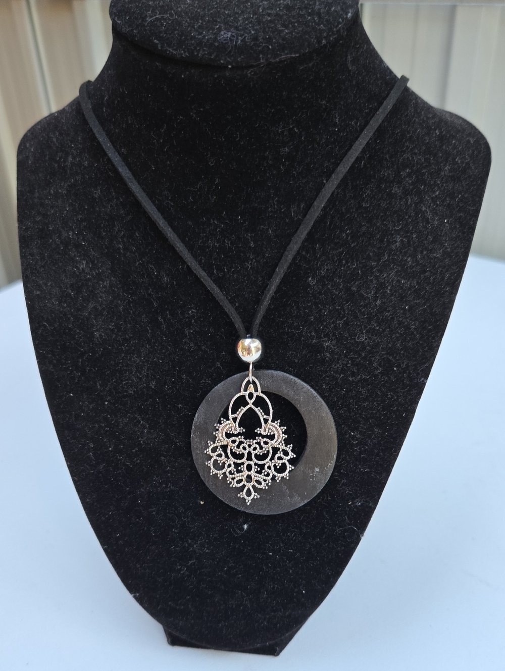 Circle Pendant Necklace with Silver Filigree Charm